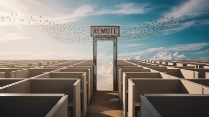 Office cubicles form a maze leading to a doorway labeled remote with birds flying towards a cloudy sky, symbolizing the freedom and flexibility of remote work