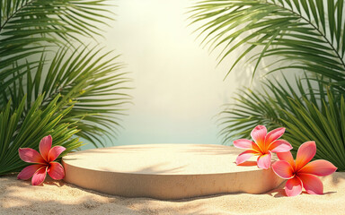 Beautiful summer beach podium encircled by soft sand and gentle floral details, delivering a clean...