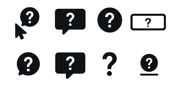 Solid style icons of interactive guidance: hover for help icon, tooltip question, info with question mark, question in form field, popover help icon, contextual “?”, floating guide icon, inline help