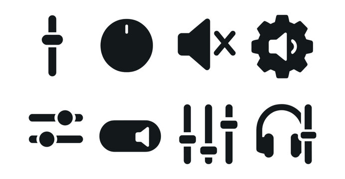 Solid style icons of sound control: volume slider icon, sound knob, mute toggle button, sound settings gear, audio balance icon, speaker on/off switch, EQ control icon, headphone volume icon.