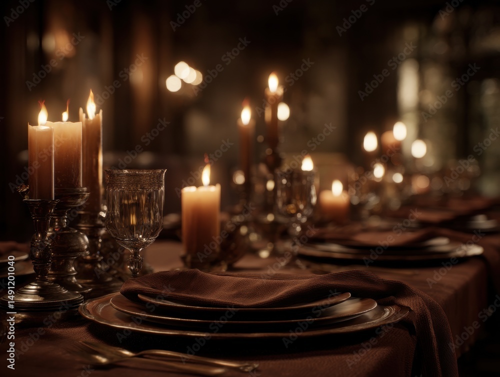 Poster elegant table setting with lit candles, perfect for holiday celebrations and representing warmth and