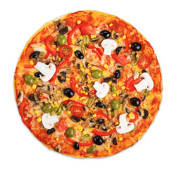 Delicious italian vegetarian pizza with tomatoes, mushrooms, peppers, corn and black olives - thin pastry crust at wooden desk isolated at white, top view