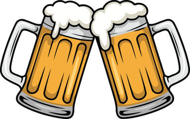 Two beer mugs toasting with frothy beer. Vintage Style Vector Illustration with a white background.