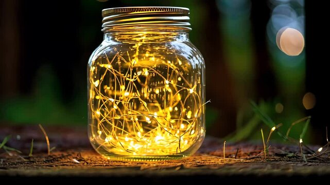 Golden Fairy Lights in a Jar: Enchanting Outdoor Nighttime Scene