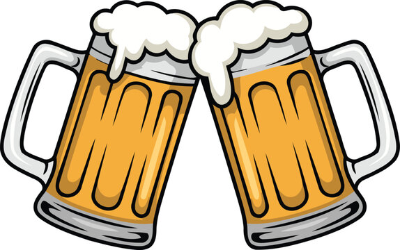 Two beer mugs toasting with frothy beer. Vintage Style Vector Illustration with a white background.