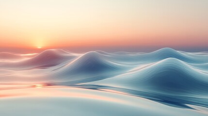Soft, ethereal landscape with rolling hills and sunrise.