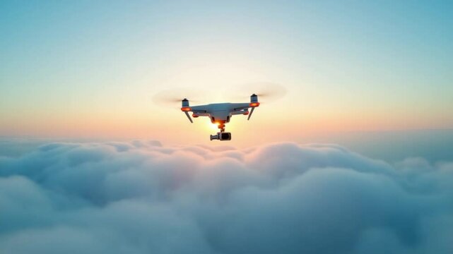 Aerial view. The drone flies over foggy and fluffy clouds. Blue sky sun and sea fog. Abstract aerial nature summer ocean sunset sea and sky background. Vacation, vacation and holiday concept