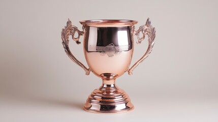 A shiny copper trophy with ornate handles on a beige background.