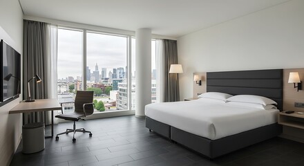 Modern Hotel Room with City View and Minimalist Design