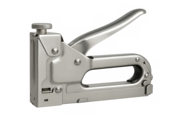 Metal staple gun resting against white backdrop, supporting carpentry and furniture repair work