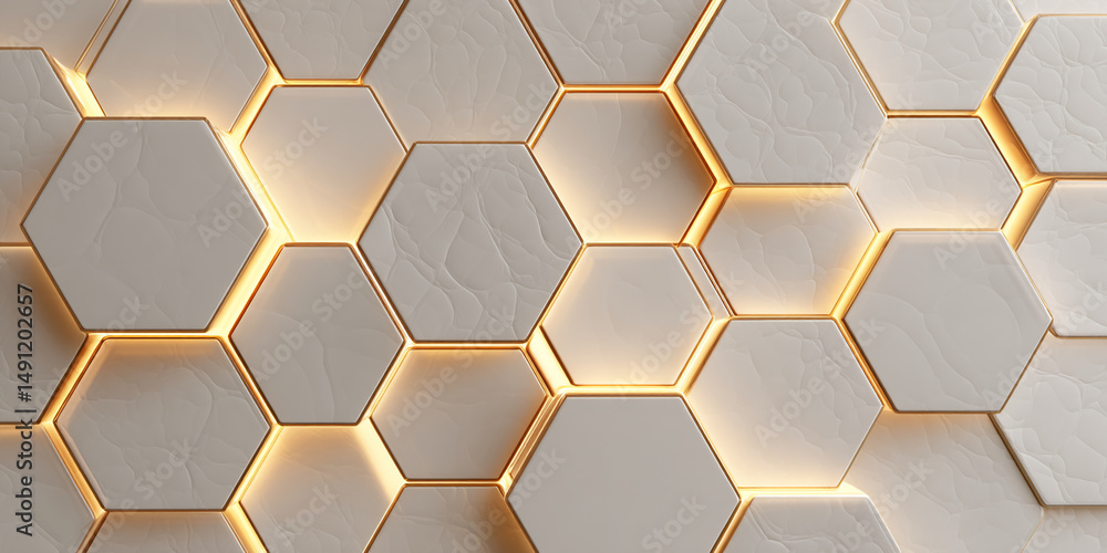 Poster abstract background of off-white hexagonal tiles with gold edges and inner lighting, showcasing a mo