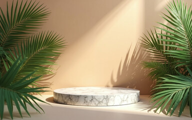 Sophisticated tropical podium made from natural beige stone, surrounded by dense green leaves,...