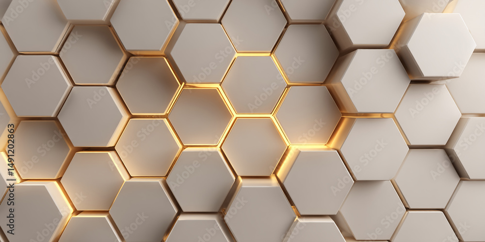 Poster Beige hexagonal pattern with subtle gold light accents, creating a modern and geometric design, suitable for backgrounds or presentations, showcasing clean lines and structure