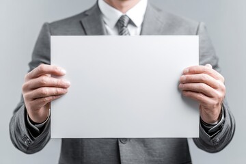 Businessman in suit holding a blank signboard, clean white backdrop