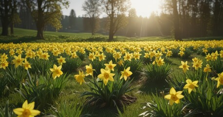 Sunlit daffodils burst forth in vibrant yellow against a lush green field , nature, idyllic