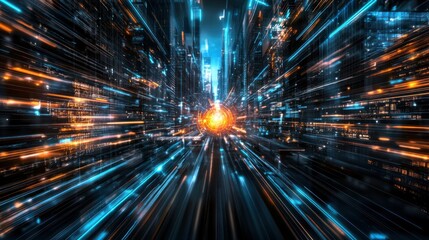 Futuristic Cityscape with Light Trails and Dynamic Motion Effects