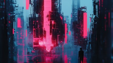 Obraz premium Futuristic Cityscape with Neon Lights and Abstract Digital Elements
