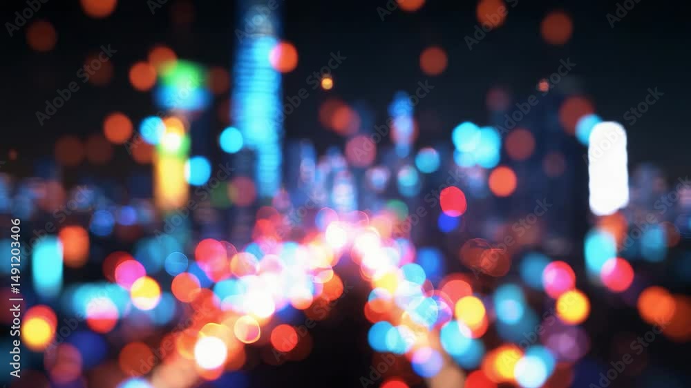 Poster blurred bokeh backdrop of different colored lights showcasing indistinct structures.