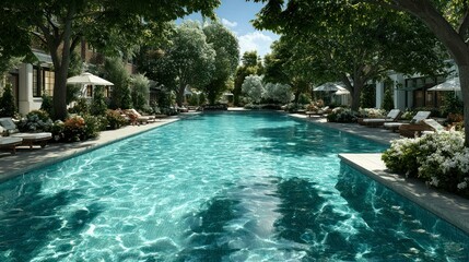 Fototapeta premium Serene Outdoor Pool Surrounded by Lush Greenery and Comfortable Lounging Areas for Relaxation a
