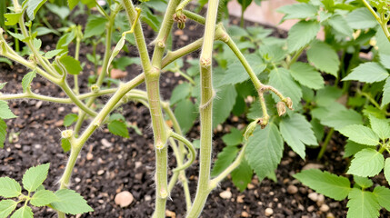 Obraz premium Dying tomato plant stems in a garden