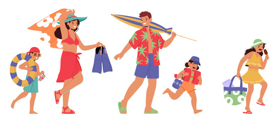 Happy family cartoon characters carrying beach accessories going at seashore to swim and having fun