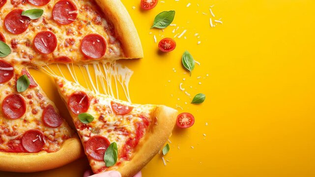 Delicious pepperoni pizza on a vibrant background with fresh ingredients and cheesy goodness