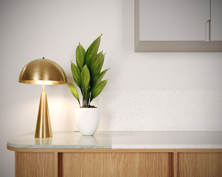 Kitchen counter with brass table lamp and potted plant decoration. Modern kitchen interior design. 3D Rendering, 3D Illustration