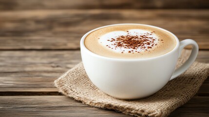 Fototapeta premium A cup of cappuccino sits on a rustic wooden table.