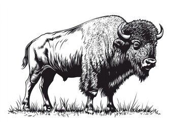 Detailed black and white illustration of a bison.