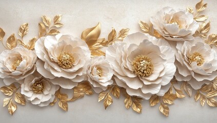 Elegant, 3D floral wall decor with creamy white flowers and gold accents