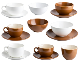 The brown and white porcelain dinnerware set includes plates, bowls, coffee cups isolated on a transparent background