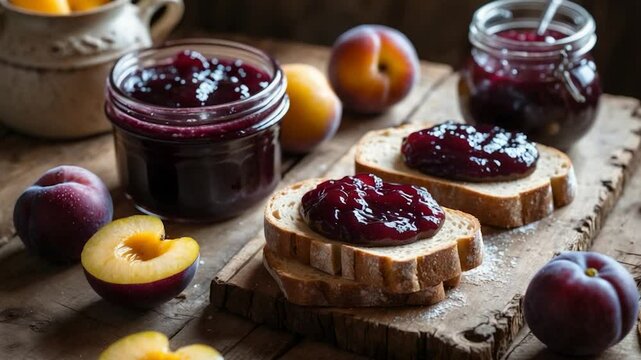 Breakfast featuring fresh ripe plums and homemade bread.