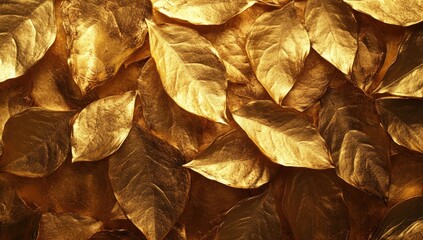 Golden leaf tapestry.  A close-up view of many golden leaves, layered and textured