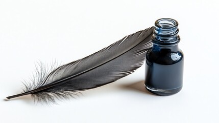 A feather pen and ink bottle are displayed on a surface, likely for a creative or artistic setting.