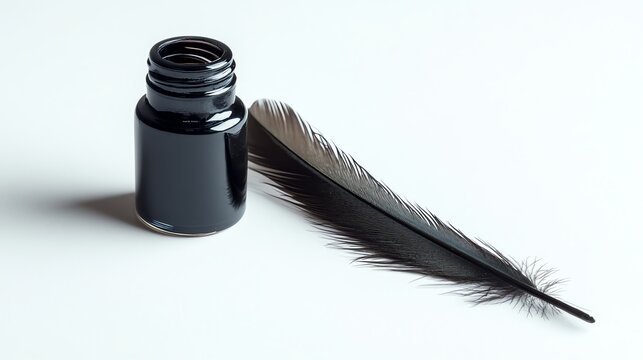 Fototapeta A feather pen rests beside an ink bottle on a dark surface.