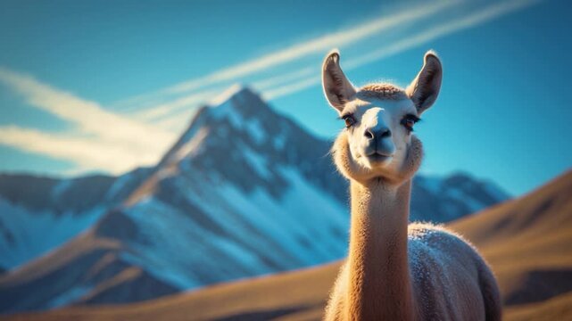 An uncommon Vicuna in a high-altitude setting with a snowy backdrop.