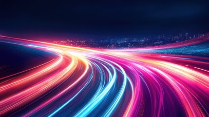 Dynamic Light Trails Over Urban Landscape at Nighttime Display