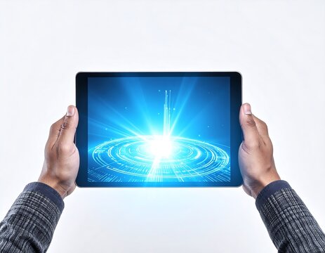 Tablet Display Hands hold a tablet with a bright, radiating blue circle and light beam - Powered by Adobe