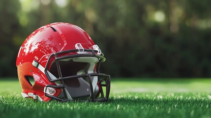 A football helmet rests on a vibrant green field.