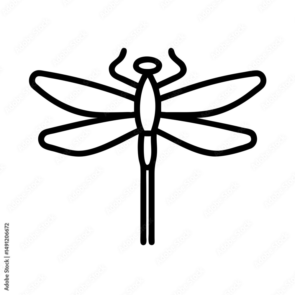 Poster simple graphic outline of a dragonfly with four wings and antennae on a white background design elem