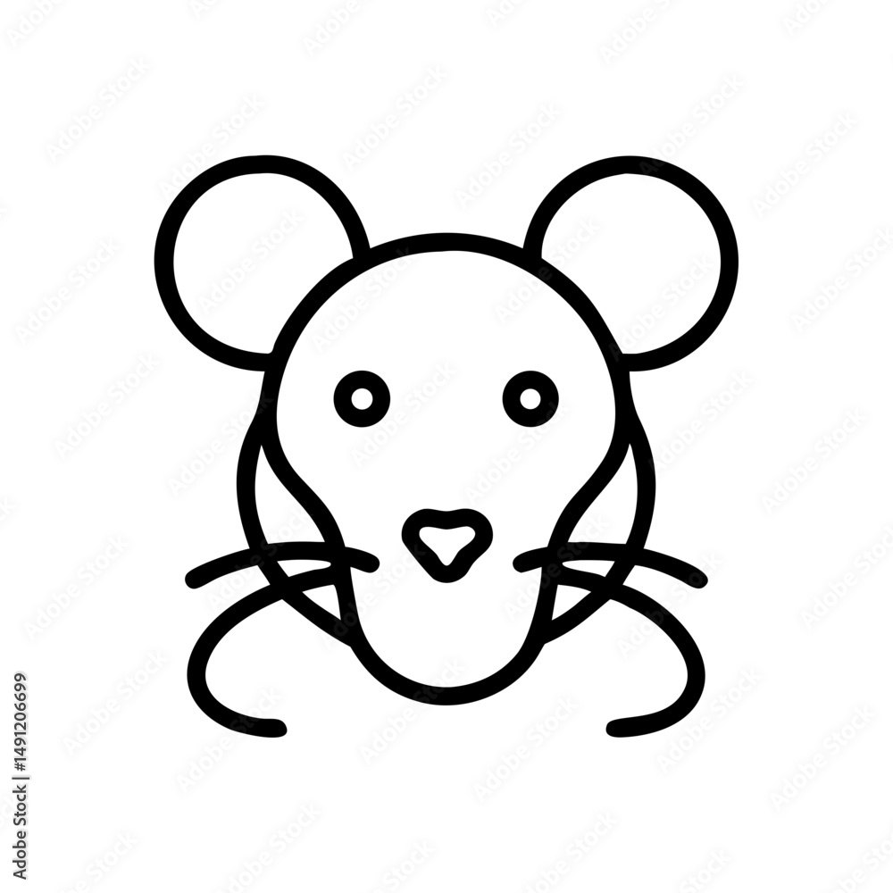 Poster stylized depiction of a mouse face with round ears and whiskers in simple outline format