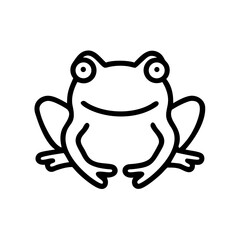 Simple outline drawing of a smiling amphibian with big eyes and webbed feet on a white background