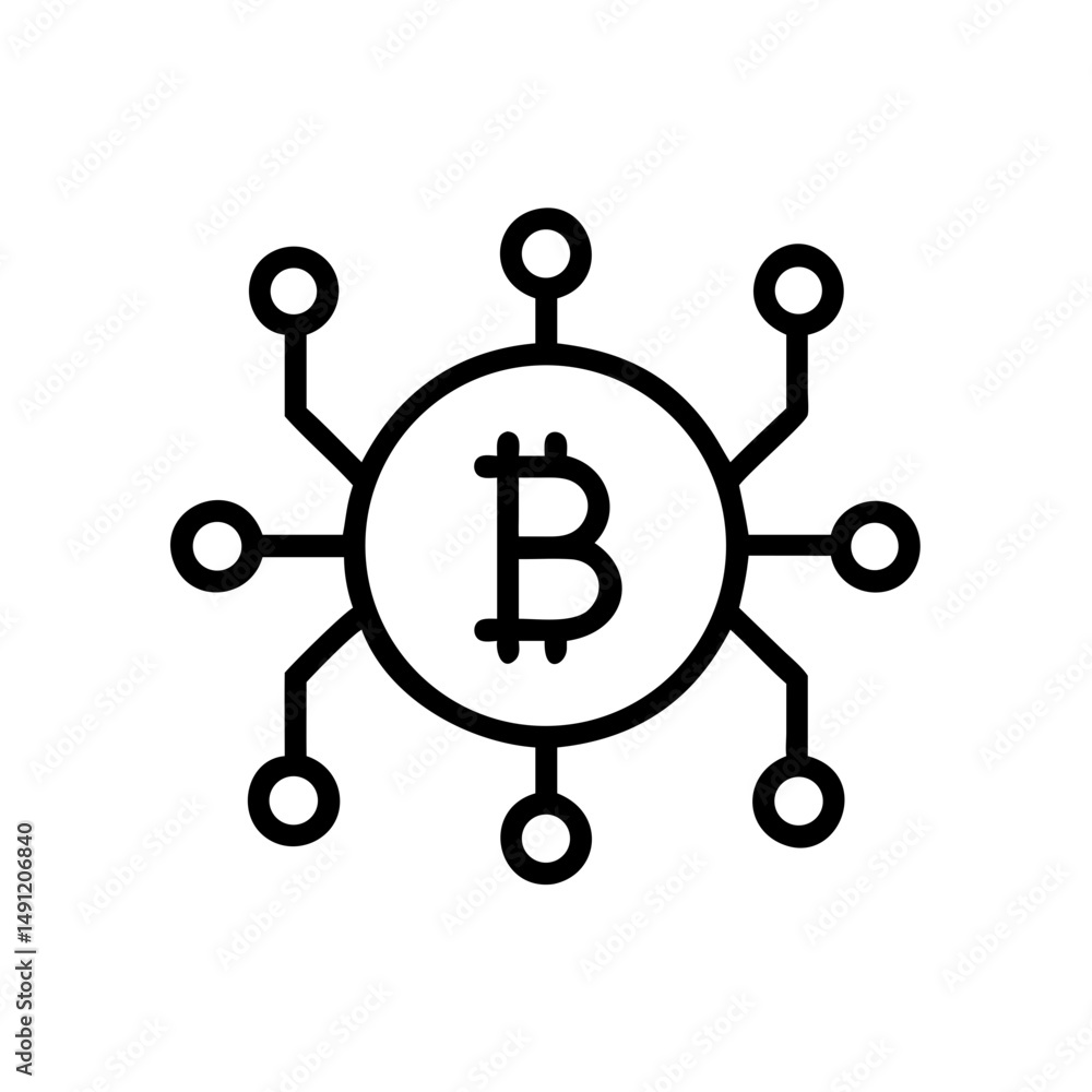 Poster outline drawing of a bitcoin symbol inside a circle with connected nodes surrounding it in black
