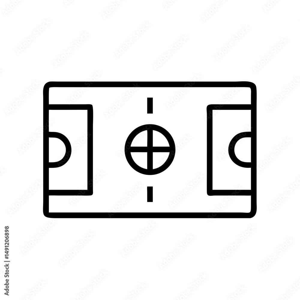 Poster simple line drawing of a sports arena with goals and center circle design showing the field layout