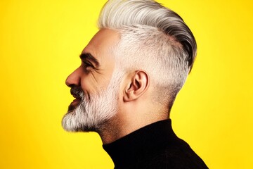 Obraz premium Fashionable men's fade haircut - midlife arabian man with middle hair. A man with expressive eyes and a joyful gaze. Yellow solid background. Visual idea of style for aging men.