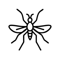 A simple graphic of a mosquito with wings and six legs spread symmetrically on a white background surface