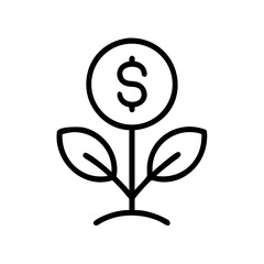A coin with a dollar sign growing as a plant with leaves on a white background in line art style