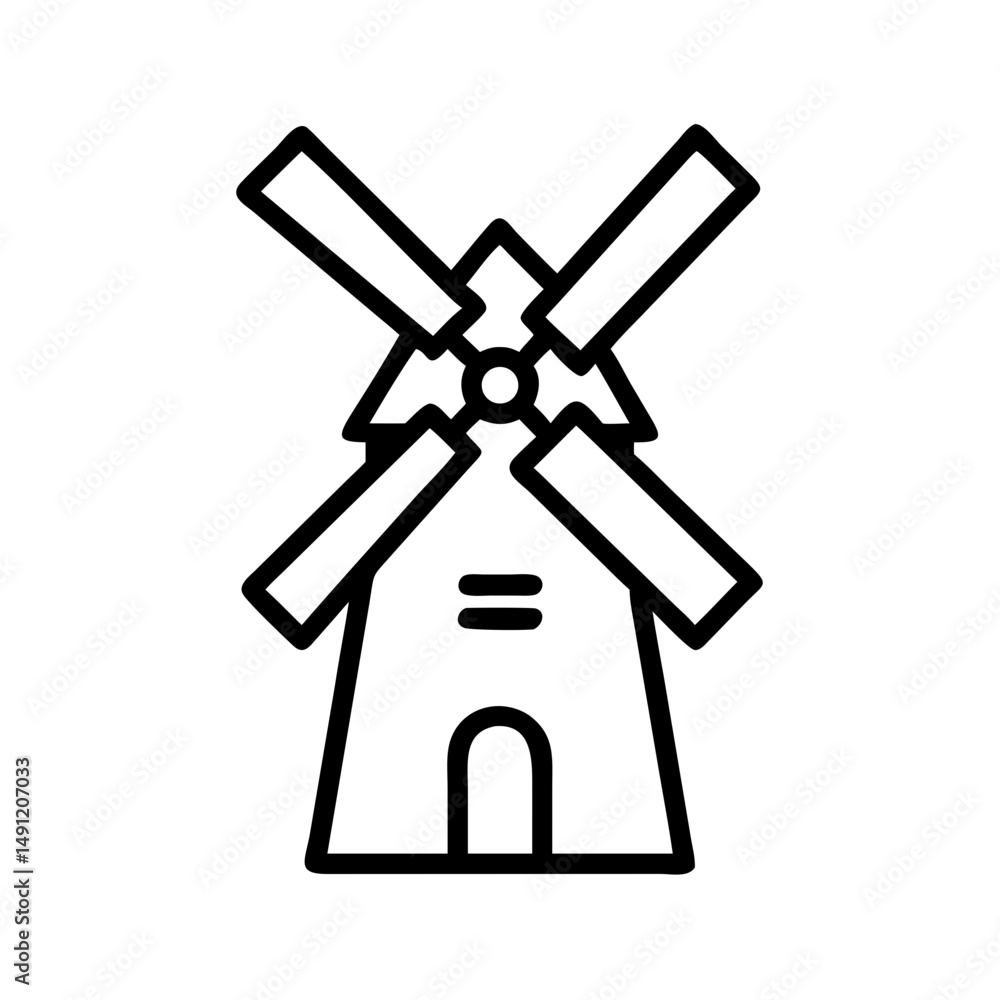Poster simple graphic of a traditional structure with rotating blades on top in black outline style design