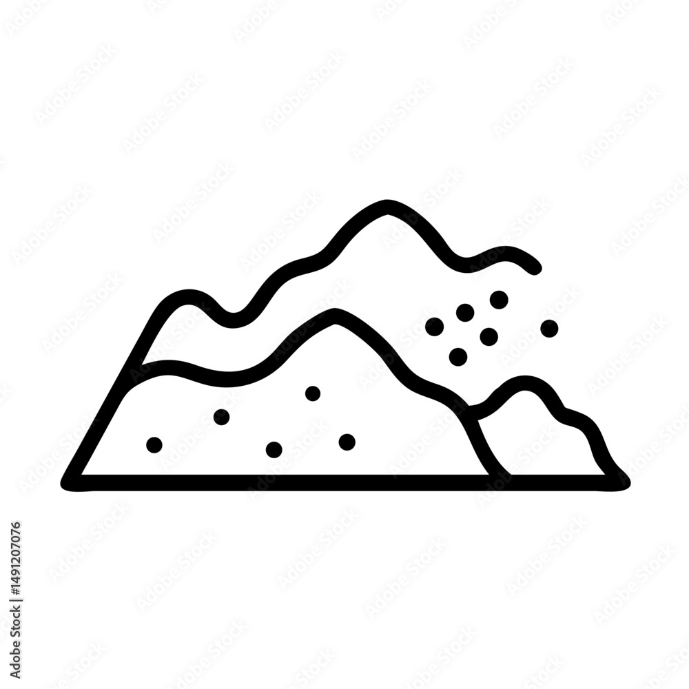Poster simple graphic showing a land formation with small dots scattered around it in a minimalist style de