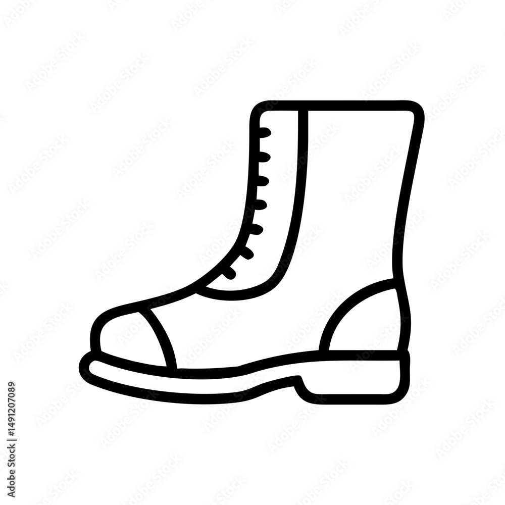 Poster outline drawing of a laced work boot with a thick sole and a reinforced toe and heel area design